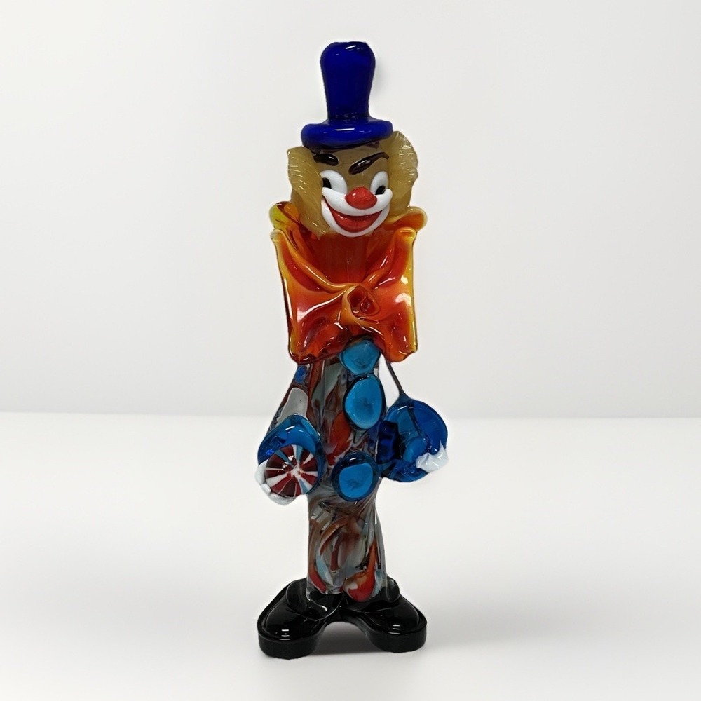 Vintage Murano Style Hand Blown Art Glass Clown Figurine Blue Top Hat 8.5" AS IS